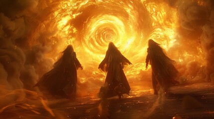 Three figures standing before a swirling vortex of fire, Generative AI