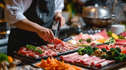 Obraz premium A chef slicing thin pieces of beef for Shabu Shabu, with a beautifully arranged platter of meats and veggies