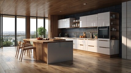 modern kitchen with white cabinets, a wood grain island,