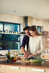 Happy, couple and cooking together in kitchen for romantic dinner, nutrition and balanced diet at home. Smile, man and woman for meal preparation with help, support and bonding with healthy food