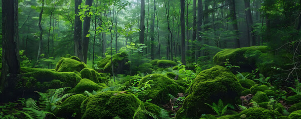 Fototapeta premium lush green forest with moss - covered rocks and ferns