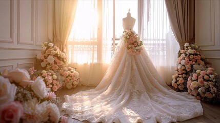 Beautiful bridal gown with flower decorations in brightly lit room