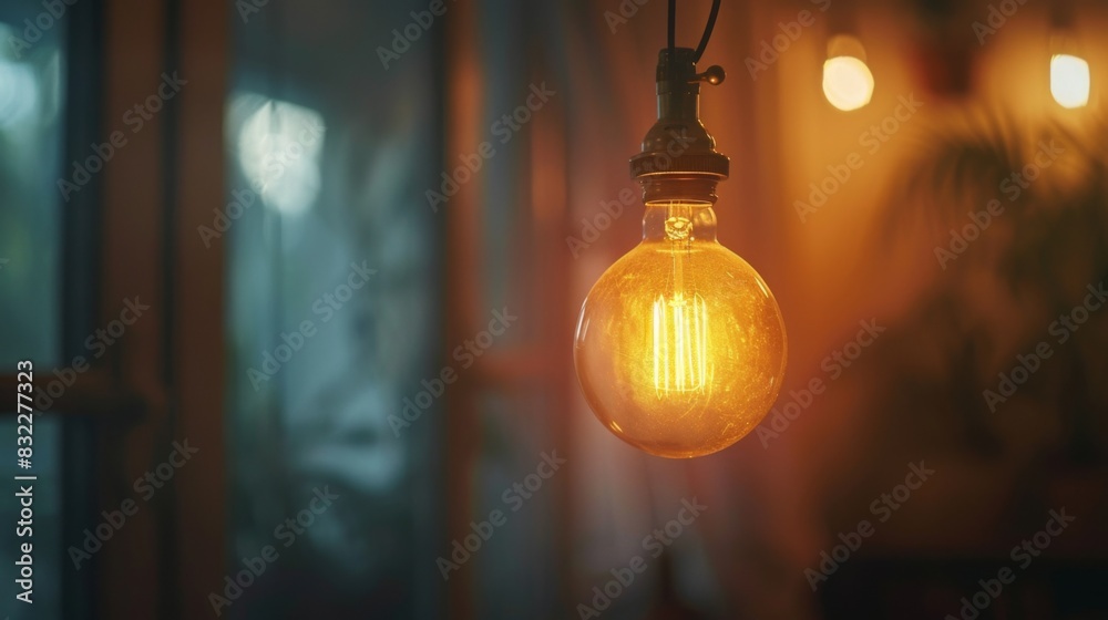 Poster a close-up of a glowing incandescent light bulb hanging from a ceiling in a dimly lit room, creating