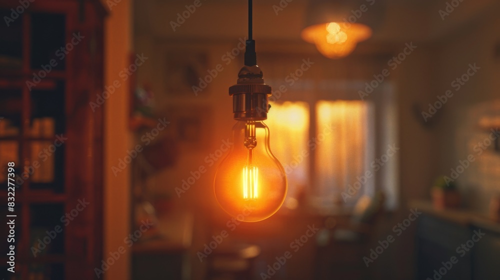 Poster a close-up of a glowing incandescent light bulb hanging from a ceiling in a dimly lit room, creating