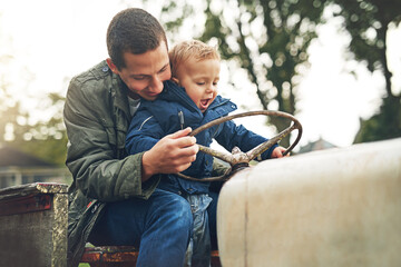 Happy, father teaching son to drive tractor for learning, growth and bonding outdoor in nature. Excited, dad and kid on farming vehicle for agriculture knowledge and information with fun lesson