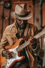 Obraz premium Soulful Guitarist on Rustic Stage, Celebrate the diversity of Music : La Fête de la Musique.