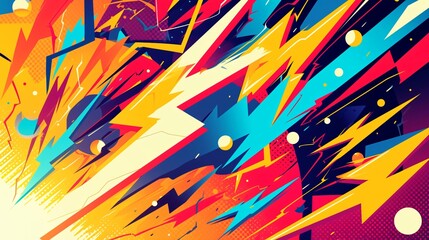 Vibrant and dynamic abstract composition exploding with energy, featuring bold colors, lightning bolt shapes, and a sense of movement and excitement