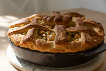 Close-up for Rhubarb and Apple Pie in a round black ceramic backing form standing on wooden table in a bright sunlight