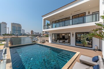 Fototapeta premium Luxurious poolside villa with modern architecture, sunny day, upscale vacation rental, high end amenities, outdoor leisure, elegant design