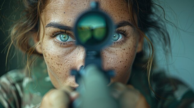 Female soldier targeting with rifle in sophisticated futuristic digital interface