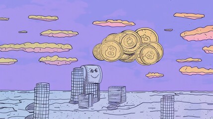 Bundles cash and floating coins around on purple background. money-saving, cashless society concept. 3d render illustration. 3d. Illustrations