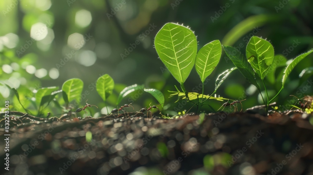 Poster a close-up of a line of ants carrying leaves across a forest floor, demonstrating teamwork and coord