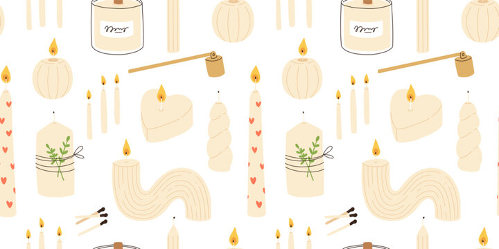Various Candles. Different shapes and sizes. Pillar, jar candle, square, container candle, heart shaped. Decorative wax candles for relax and spa. Matches, candle snuffer. Seamless pattern