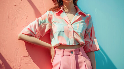 Fototapeta premium Pastel colored outfits with vintage prints illustrating classic fashion appeal