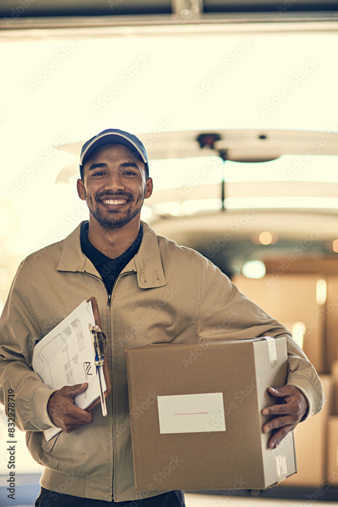 Poster portrait, driver or delivery man with checklist for box with cargo, stock or package in van transpor