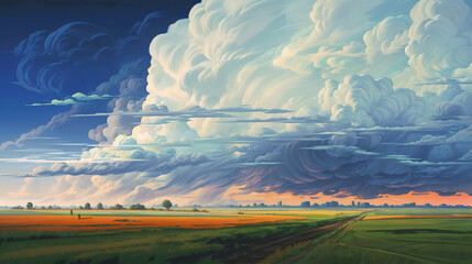 Wide landscape with massive clouds over a countryside at sunset. Design for poster, banner, wallpaper, header, social media graphics, website articles.