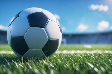 Fototapeta premium Soccer ball next to goal net on a grass field on the football stadium. Sports activity concept. For sports events, sport's camps, social media graphics, webs. Close-up view with copy space.
