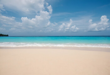 Fototapeta premium Idyllic tropical beach with white sand, calm turquoise water, and a small island in the distance under a blue sky with fluffy white clouds. Perfect for travel brochures, websites, or social media post