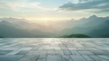 Empty square floor with a mountain landscape background at a sunset sky. Empty concrete tile platform for product display, an outdoor nature scene. A panoramic view of green hills and clouds in summer