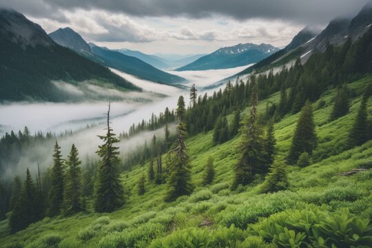 Misty Day in Bitterroot Range with Lush Spring Greenery