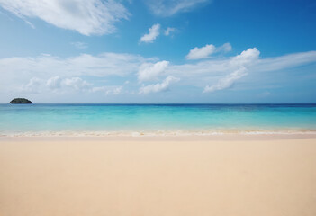 Idyllic tropical beach with white sand, calm turquoise water, and a small island in the distance under a blue sky with fluffy white clouds. Perfect for travel brochures, websites, or social media post