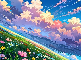 Beautiful sky with colorful clouds over flower field