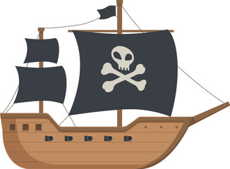 Colorful cartoon pirate ship illustration with jolly roger flag, wooden vessel, and playful design for children's storybook, maritime adventure, and nautical exploration theme