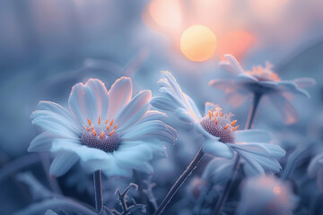 A close up of a field of white flowers with a sun in the background - Powered by Adobe