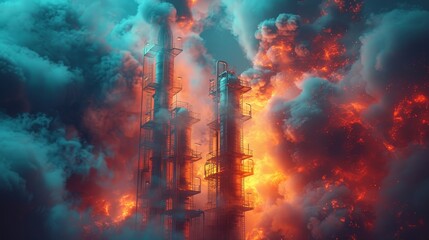 Obraz premium Aerial view of oil refinery tanks at industrial petroleum station under stunning sky