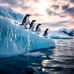 Obraz premium Flipped Wonderland: Penguins Marching on a Blue Iceberg