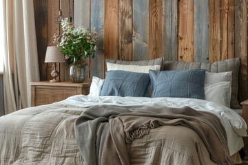 Modern bedroom featuring French country design: wood paneling wall, accent bedside cabinet, and bed for a stylish look