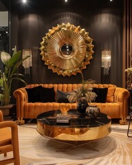 Chic Modern Living Room: Art Deco Inspired Interior Design Featuring Black Wall and Glamorous Golden Decor Pieces