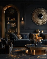 Contemporary Art Deco Living Space: Stylish Interior Design with Black Wall and Luxurious Golden Decor in Modern Setting