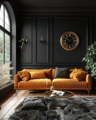 Modern Living Room: Art Deco Style Interior Design with Black Wall and Elegant Golden Decor Accents for Sophisticated Ambiance