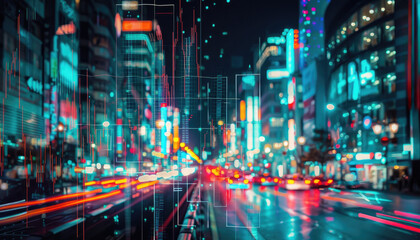 Fototapeta premium A cityscape with neon lights and a reflection of the city in the water by AI generated image