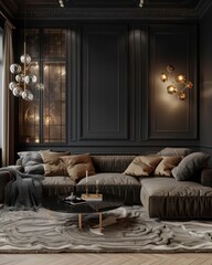 Elegant Art Deco Decor: Modern Living Room Interior Design with Striking Black Wall and Opulent Golden Accents Throughout