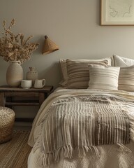 Modern bedroom with bed adorned with beige striped pillows, showcasing boho style interior design for a cozy and eclectic ambiance