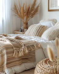 Cozy modern bedroom with bed adorned with beige striped pillows, embodying boho style interior design for a relaxed atmosphere