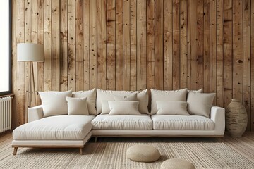 Beige corner sofa against wooden paneling wall. Minimalist interior design of a modern living room with clean lines and simplicity