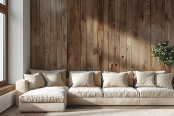 Modern living room with beige corner sofa and wooden paneling wall. Minimalist interior design emphasizing simplicity and elegance