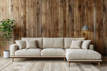 Minimalist interior design in modern living room featuring beige corner sofa against wooden paneling wall. Clean and contemporary decor style