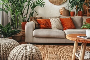 Scandinavian Home Decor: Beige Velvet Sofa, Terra Cotta Cushions, Wooden Coffee Table, Ottoman, Knitted Rug, Houseplants in Modern Living Room