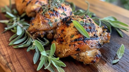 A close-up of grilled chicken thighs with perfectly crispy skin, served on a wooden board with fresh herbs