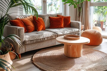 Contemporary Scandinavian Interior Design: Beige Velvet Sofa, Terra Cotta Cushions, Wooden Round Coffee Table, Ottoman, Knitted Rug, Houseplants