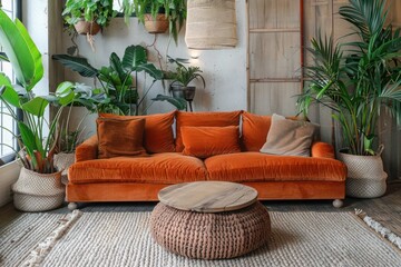 Chic Scandinavian Living Space: Beige Velvet Sofa, Terra Cotta Cushions, Wooden Round Coffee Table, Ottoman, Knitted Rug, Houseplants for Cozy Ambiance