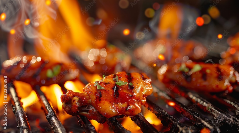 Canvas Prints a close-up of juicy grilled chicken wings on a bbq grill, with flames and smoke creating a mouthwate - Canvas Prints