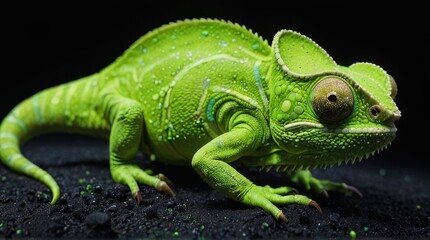 Obraz premium Green Chameleon on Black Background