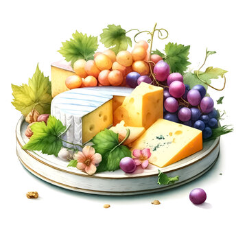 watercolor cheese and grapes platter clip art preview