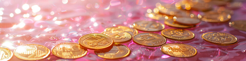 A bunch of gold coins are floating in a pink background - Powered by Adobe
