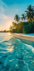 tropical beach view at sunset or sunrise with white sand, turquoise water and palm trees. Neural network generated image. Not based on any actual scene or pattern.